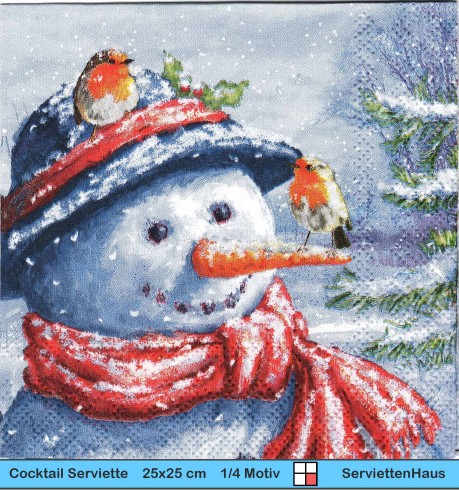 Schneemann mit Rotkehlchen Mütze und Schal - 1 Cocktail Serviette